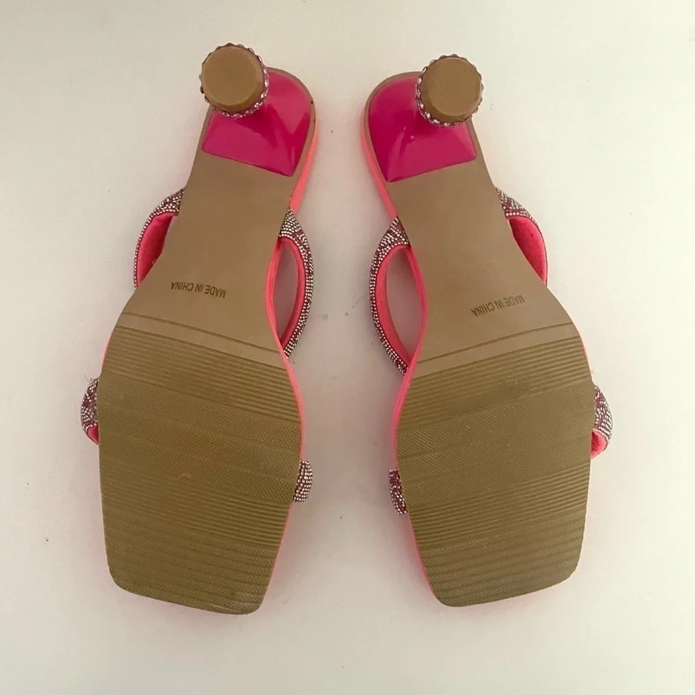 CAMSSOO Women's Double Rhinestones strap Heels Sandals Rose Red size 42